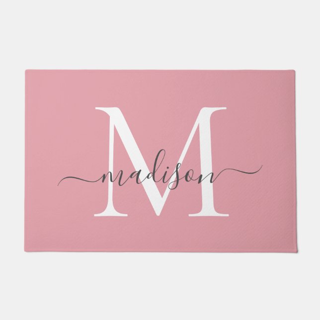 Girly Blush Pink Gray Custom Monogram Script Name Doormat (Front)