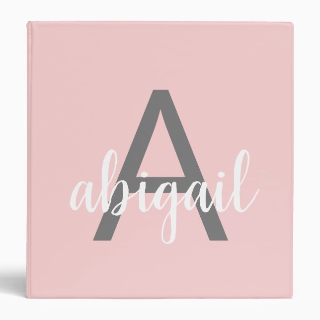 Girly Blush Pink Gray Monogram 3 Ring Binder (Front)