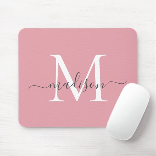 Girly Blush Pink Gray Monogram Elegant Chic Script Mouse Pad