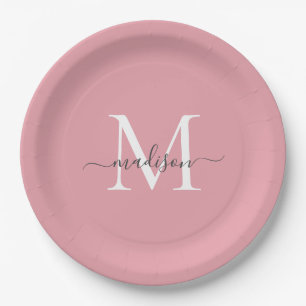 Girly Blush Pink Gray Monogram Elegant Script Name Paper Plates