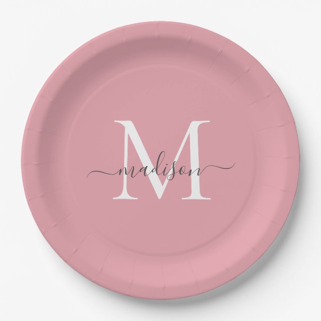Girly Blush Pink Gray Monogram Elegant Script Name Paper Plates (Front)