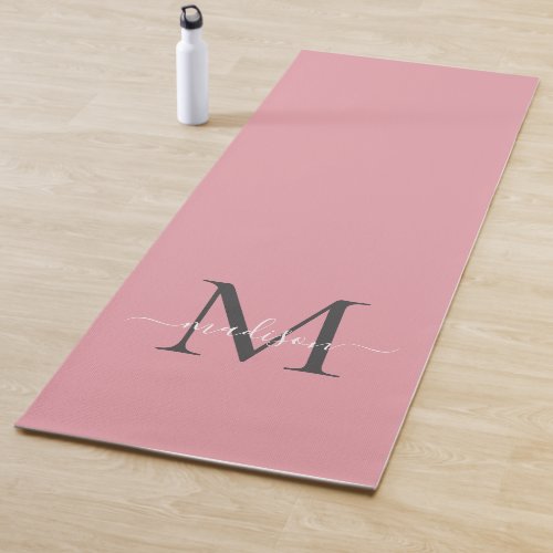 Girly Blush Pink Gray Monogram Elegant Script Yoga Mat