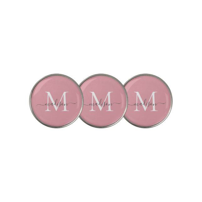Girly Blush Pink Gray Monogram Feminine Script Golf Ball Marker (3 Up)