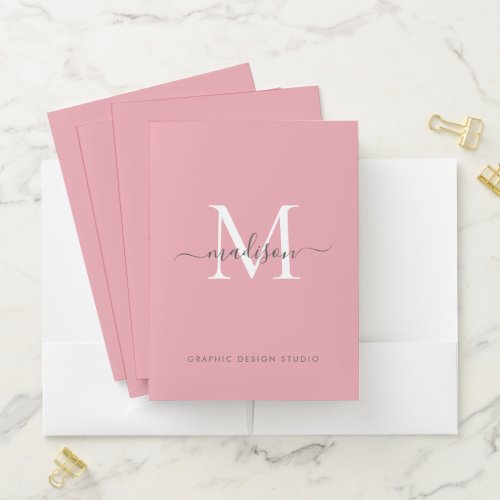 Girly Blush Pink Gray Monogram Initial Script Name Pocket Folder
