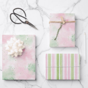 Girly Blush Pink Green Abstract Stripes Birthday Wrapping Paper Sheets