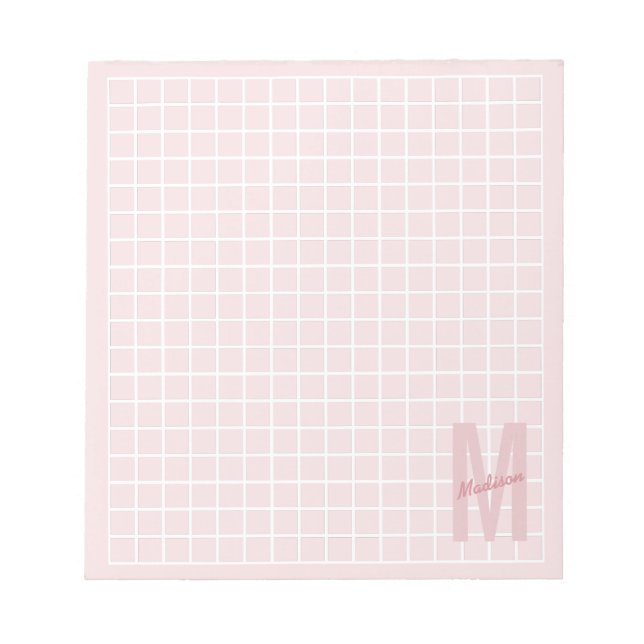 Girly blush pink grid pattern monogram name notepad (Front)
