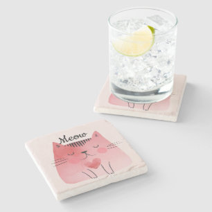 Girly Blush Pink Heart Cat Stone Coaster