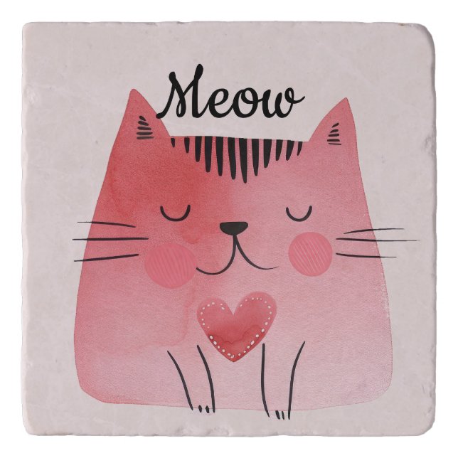 Girly Blush Pink Heart Cat Trivet (Front)