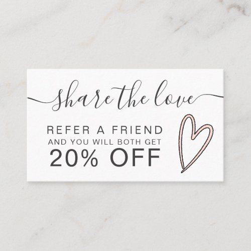 girly blush pink heart script font share the love referral card