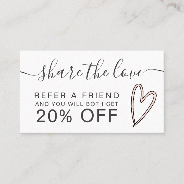 girly blush pink heart script font share the love referral card (Front)