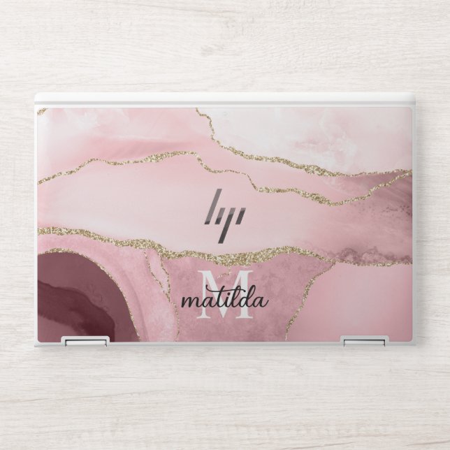 Girly Blush Pink Marble Agate Geode Monogram HP Laptop Skin (Front)