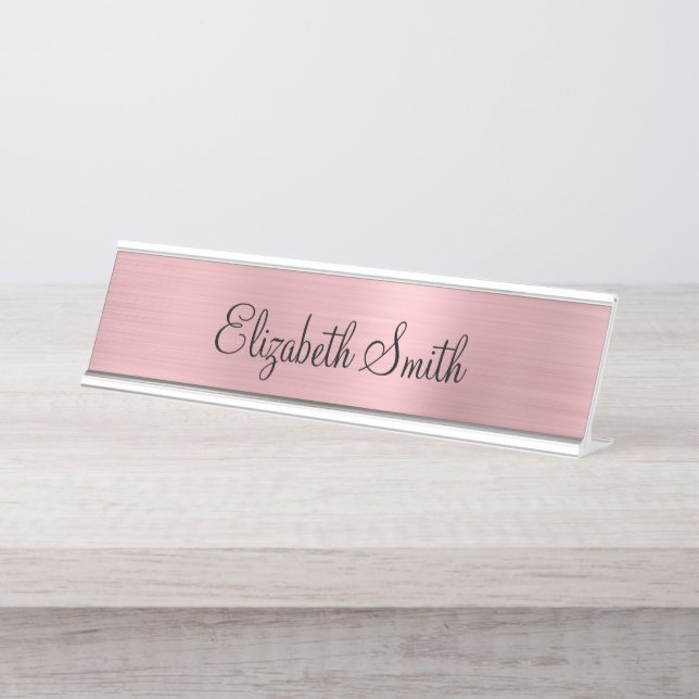 Girly Blush Pink Metallic Desk Name Plate (Front)