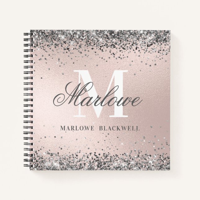 Girly Blush Pink Metallic Silver Glitter Monogram Notebook (Front)