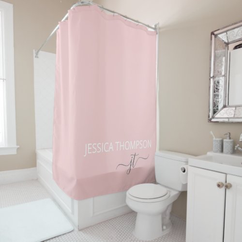 Girly Blush Pink Modern Simple Monogram Name Shower Curtain