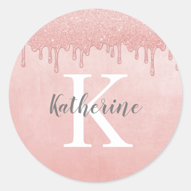 Girly Blush Pink Monogram Classic Round Sticker (Front)