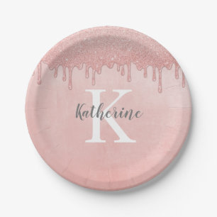 Girly Blush Pink Monogram Dripping Glitter Paper Plates