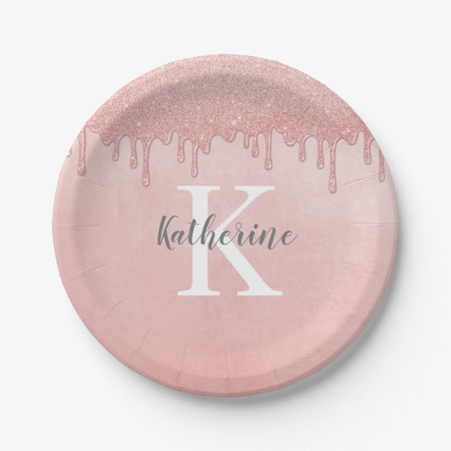 Girly Blush Pink Monogram Dripping Glitter Paper Plates (Front)