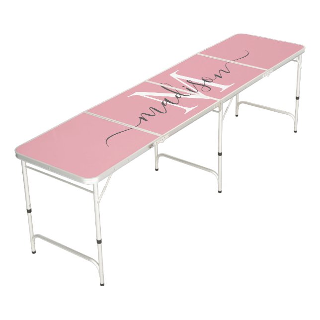 Girly Blush Pink Monogram Elegant Script Gray Name Beer Pong Table (Angled)