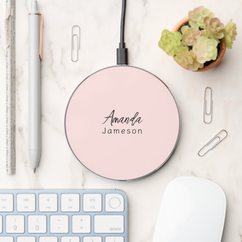 Girly Blush Pink Monogram Full Name Wireless Charger