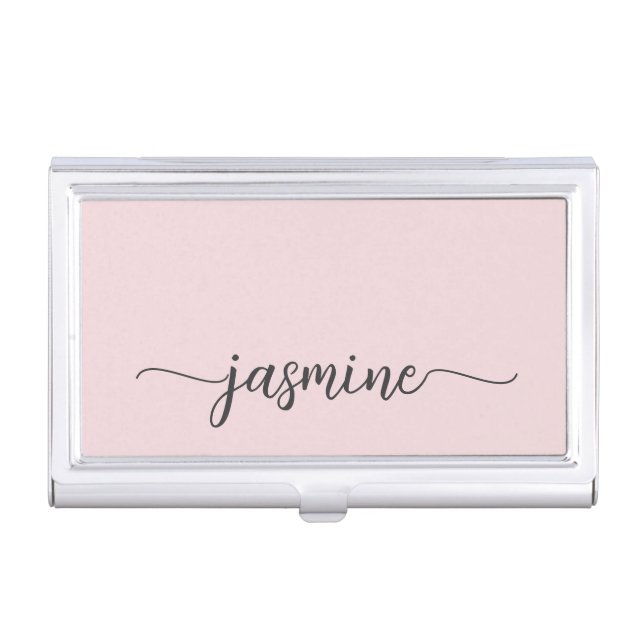 Girly Blush Pink Name Signature Script Business  Card Case (Front)