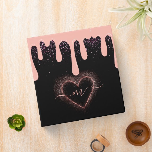 Girly Blush Pink Paint Drip Glitter Monogrammed 3 Ring Binder (In Situ)