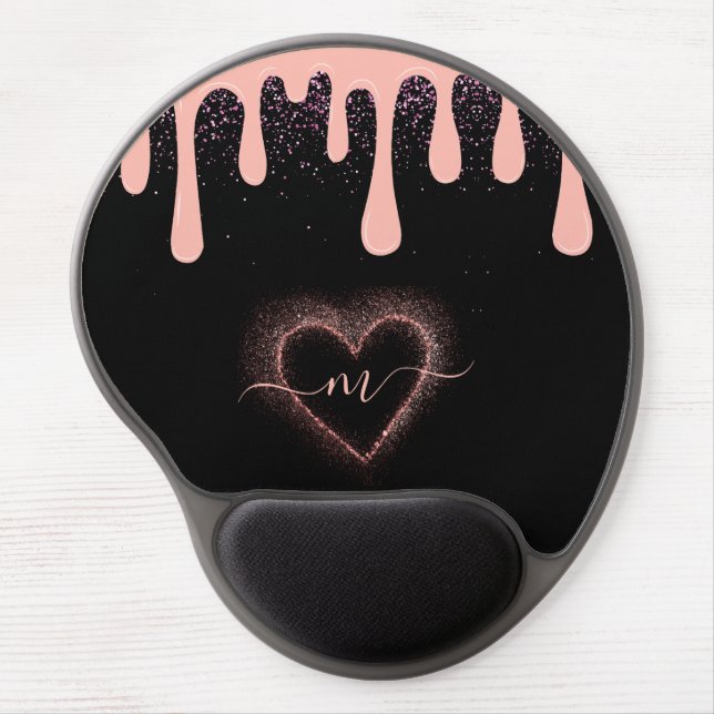 Girly Blush Pink Paint Drip Glitter Monogrammed  Gel Mouse Pad (Front)