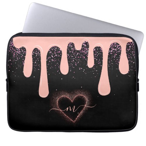 Girly Blush Pink Paint Drip Glitter Monogrammed  Laptop Sleeve