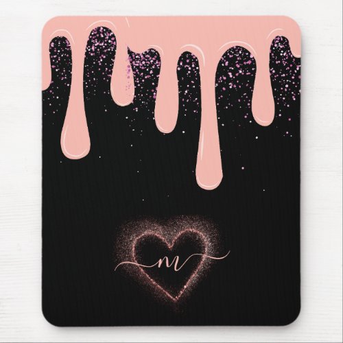 Girly Blush Pink Paint Drip Glitter Monogrammed  Mouse Pad