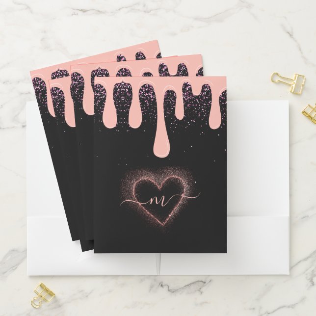 Girly Blush Pink Paint Drip Glitter Monogrammed  Pocket Folder (In Situ)