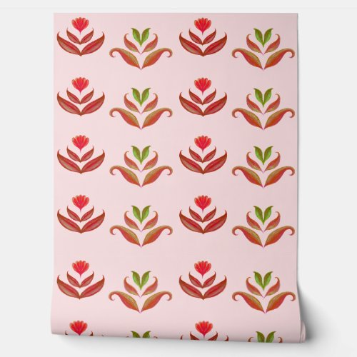 Girly Blush Pink Pretty Cute Floral Folk Art Print Wallpaper