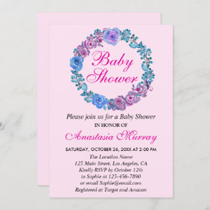 Girly Blush Pink Purple Floral Wreath Baby Shower Invitation