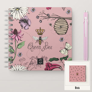 Girly Blush Pink Queen Bee & Crown Floral Monogram Notebook