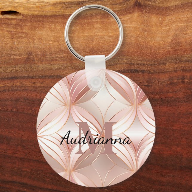 Girly Blush Pink Rose Gold Abstract Monogram Keychain (Front)