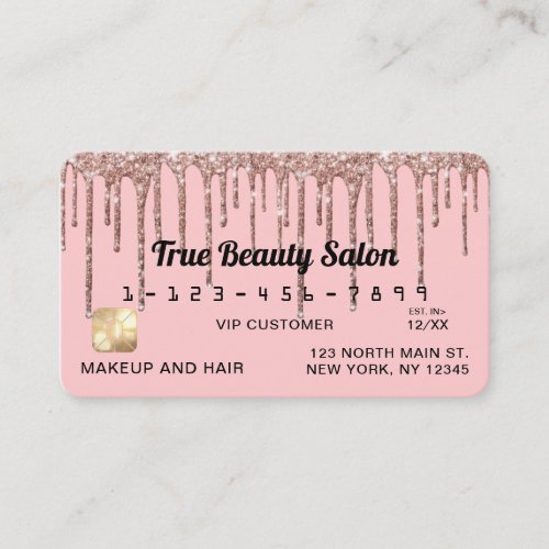 Girly Blush Pink Rose Gold Glitter Drips Credit Business Card