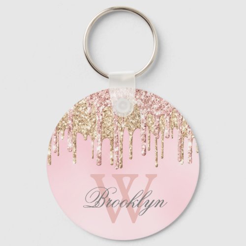 Girly Blush Pink Rose Gold Glitter Drips Monogram Keychain