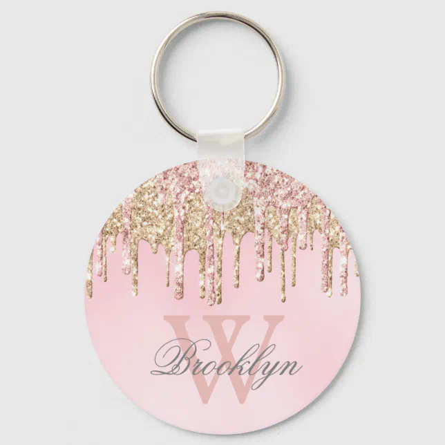 Girly Rose Gold Blush Pink Glitter Monogram Keychain