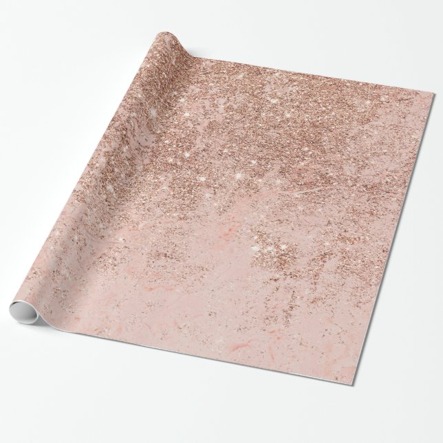 Girly blush pink rose gold glitter marble wrapping paper (Unrolled)