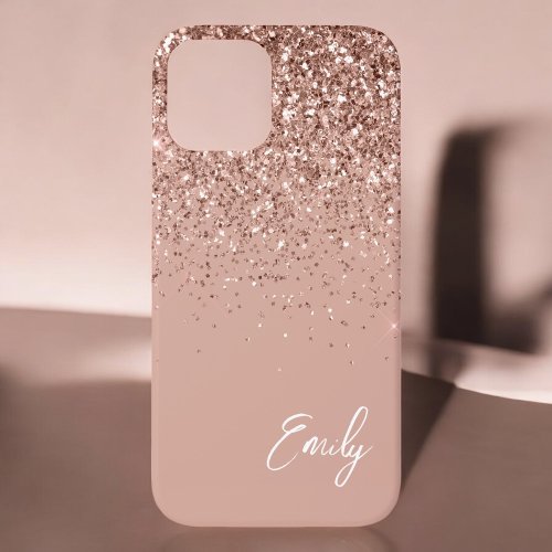 Girly Blush Pink Rose Gold Glitter Monogram Case_M iPhone 12 Case