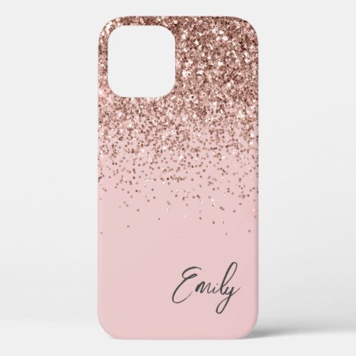 Girly Blush Pink Rose Gold Glitter Monogram iPhone 12 Case