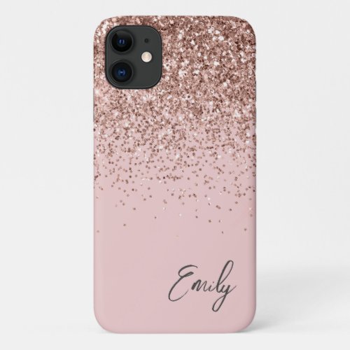 Girly Blush Pink Rose Gold Glitter Monogram  iPhone 11 Case