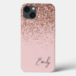 Girly Blush Pink Rose Gold Glitter Monogram iPhone 13 Case