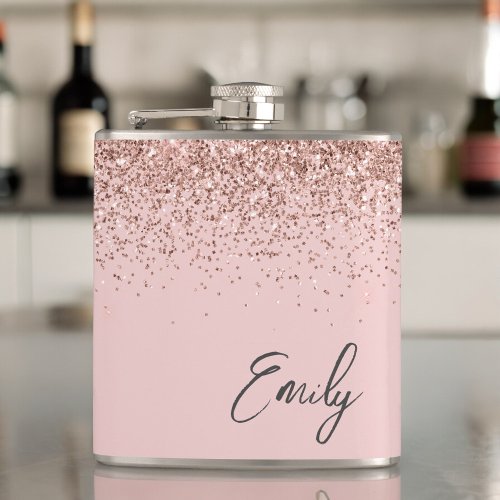 Girly Blush Pink Rose Gold Glitter Monogram Flask