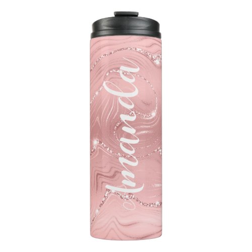 Girly Blush Pink Rose Gold Glitter Monogram Name Thermal Tumbler