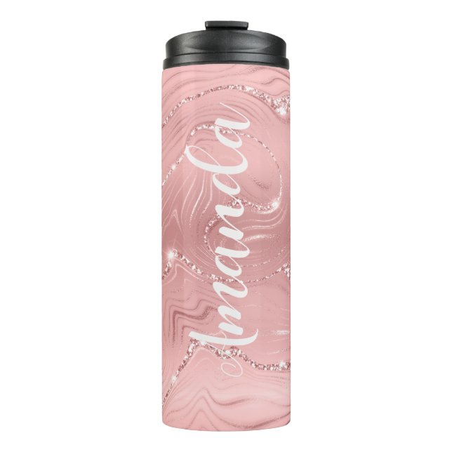 Girly Blush Pink Rose Gold Glitter Monogram Name Thermal Tumbler (Front)
