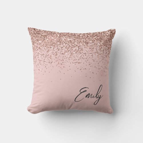 Girly Blush Pink Rose Gold Glitter Monogram Throw Pillow