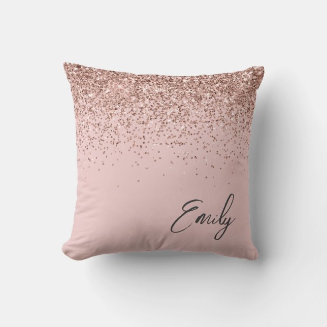 Girly Blush Pink Rose Gold Glitter Monogram Throw Pillow (Front)