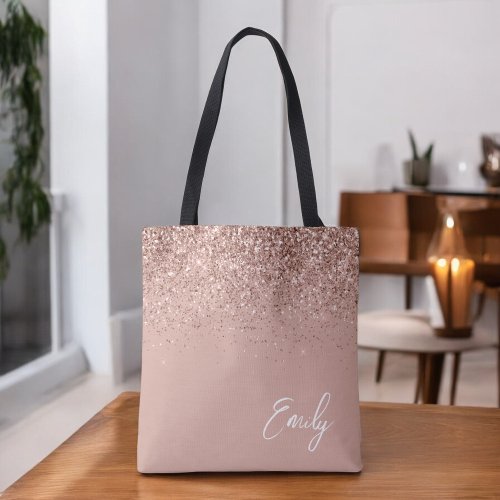 Girly Blush Pink Rose Gold Glitter Monogram Tote Bag