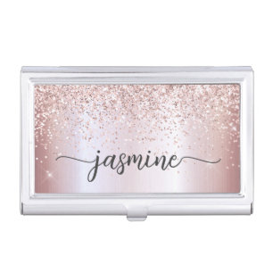 Girly Blush Pink Rose Gold Glitter Name Script Business Card Case