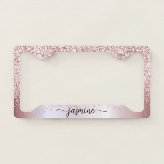 Girly Blush Pink Rose Gold Glitter Name Script License Plate Frame