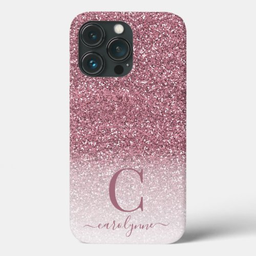Girly Blush Pink Rose Gold Glitter Ombre Monogram iPhone 13 Pro Case